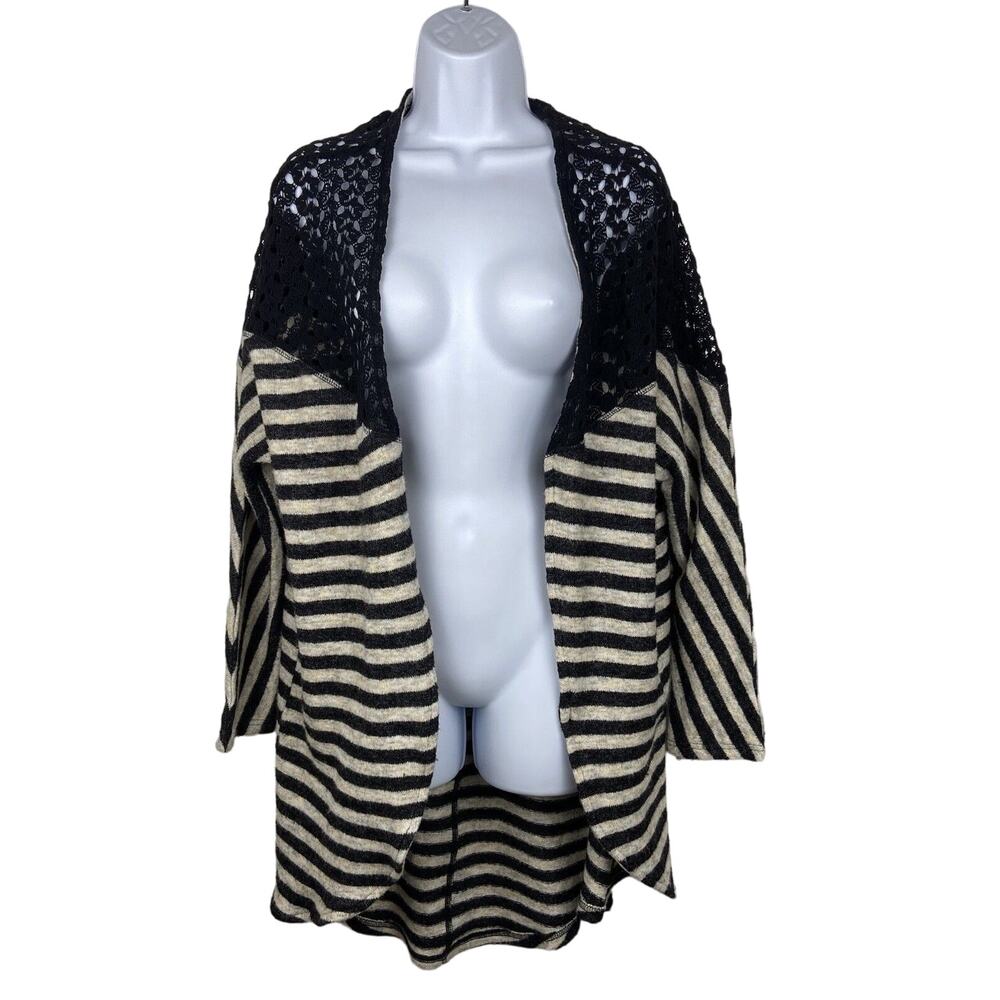 Umgee Cardigan Size L Black Gray Striped Long Sleeve Open Style Crochet Detail